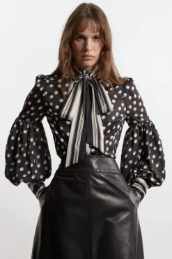 Karen Millen Polka Dot Woven Balloon Sleeve Blouse mono Hot