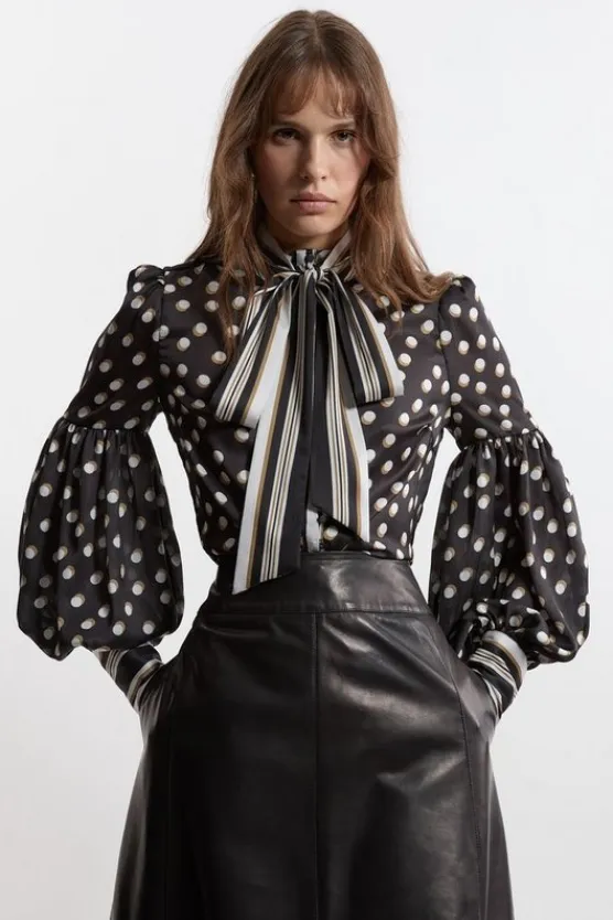 Karen Millen Polka Dot Woven Balloon Sleeve Blouse mono Hot