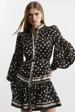 Karen Millen Polka Dot Woven Balloon Sleeve Belted Mini Dress mono Clearance
