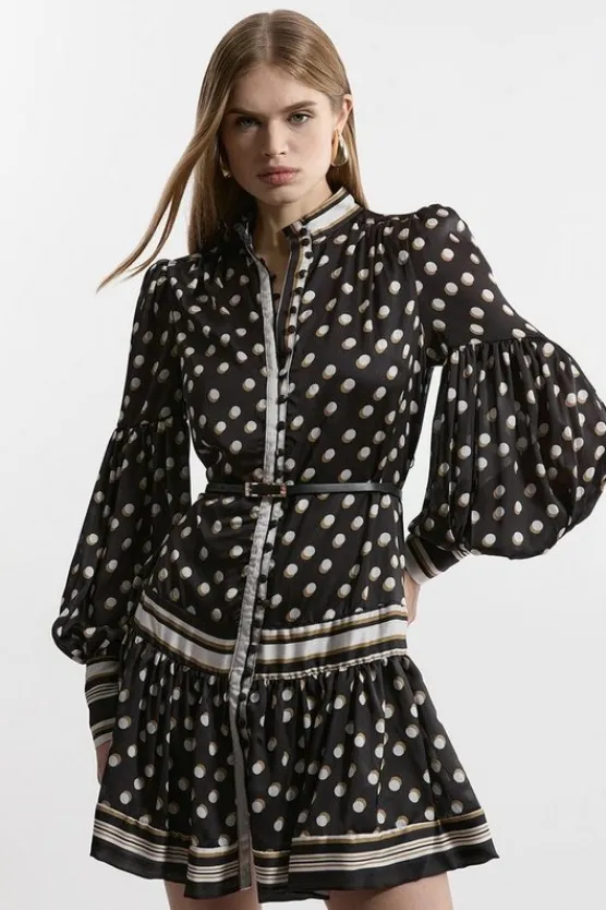 Karen Millen Polka Dot Woven Balloon Sleeve Belted Mini Dress mono Clearance