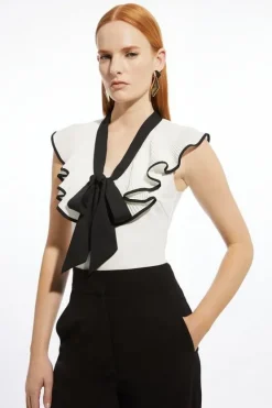 Karen Millen Ponte And Georgette Jersey Contrast Frill Detail Bodysuit mono New