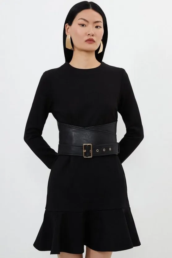 Karen Millen Ponte And Pu Mix Buckle Detail Mini Dress black Fashion