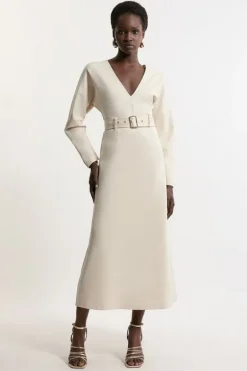 Karen Millen Ponte Belted Midi Dress cream Hot