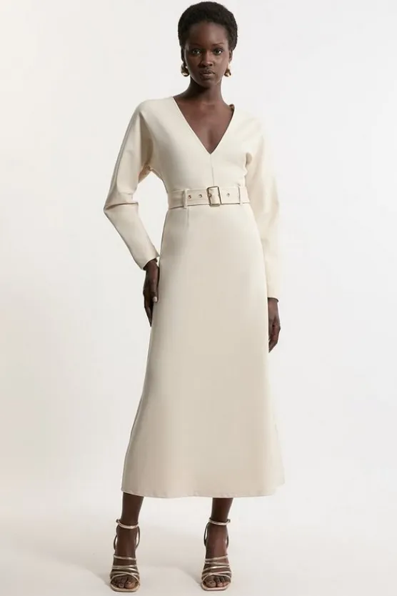 Karen Millen Ponte Belted Midi Dress cream Hot