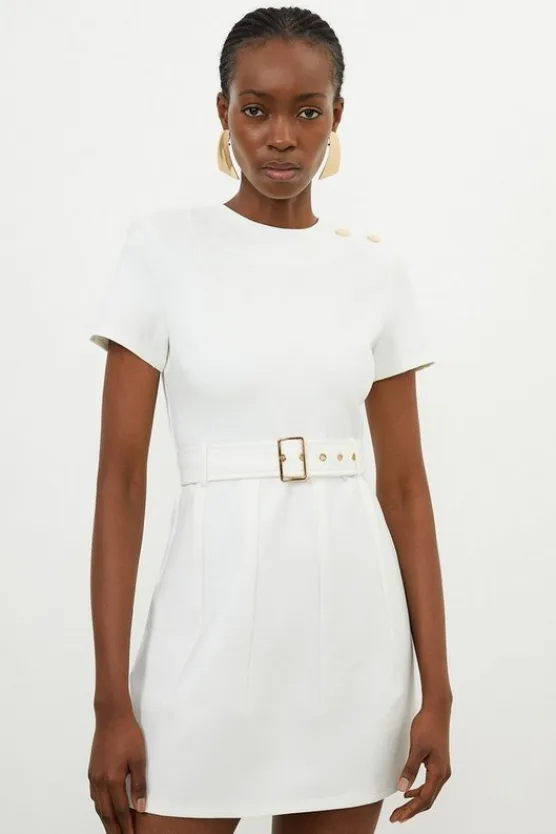 Karen Millen Ponte Belted Mini Dress ivory New