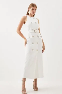 Karen Millen Ponte Button Detail Belted Midi Dress ivory Outlet