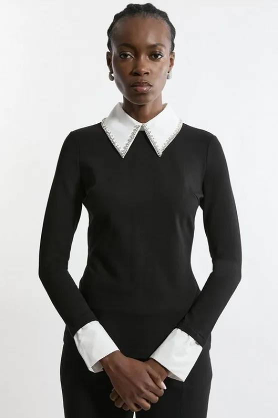 Karen Millen Ponte Embellished Contrast Collar Fitted Top mono Online