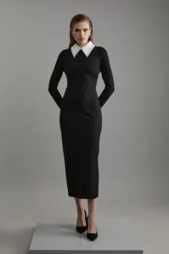 Karen Millen Ponte Embellished Contrast Collar Fitted Maxi Dress mono Discount