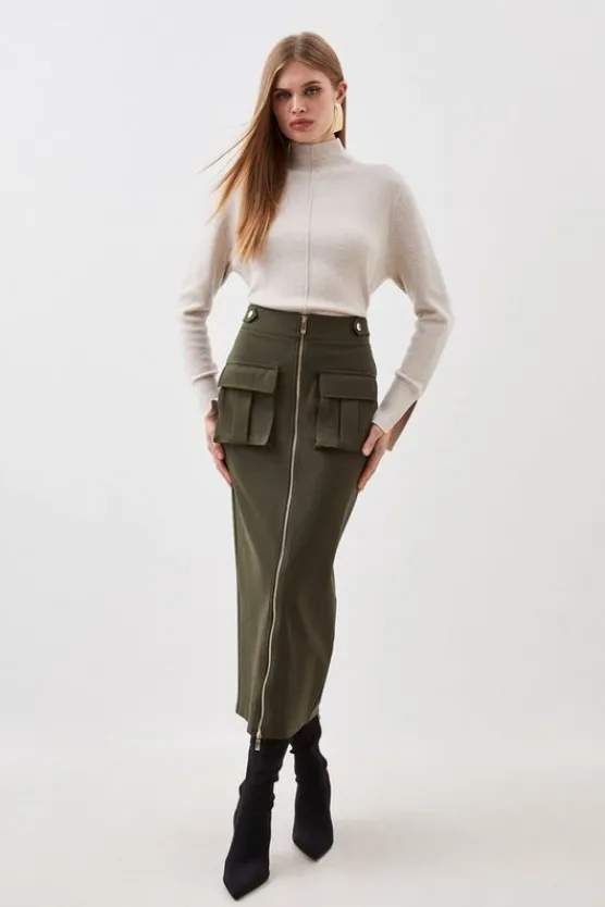 Karen Millen Ponte Hardwear Midi Skirt khaki New