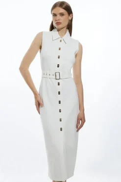 Karen Millen Ponte Jersey Hardwear And Pu Detail Midi Dress ivory Discount