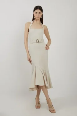 Karen Millen Ponte Jersey Strappy Waterfall Hem Midi Dress cream New