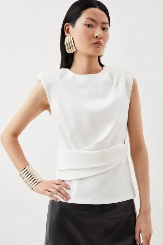 Karen Millen Ponte Ruched Round Neck Top ivory Clearance