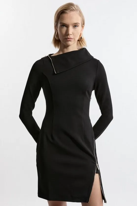 Karen Millen Ponte Zip Neck Mini Dress black Sale