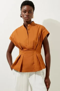 Karen Millen Poplin Cap Sleeve Buttoned Pintuck Woven Shirt toffee Best