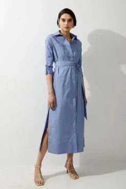 Karen Millen Poplin Dropped Sleeve Woven Belted Shirt Dress blue Online