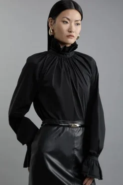 Karen Millen Poplin High Neck Ruffle Neck And Cuff Detail Woven Blouse black Outlet