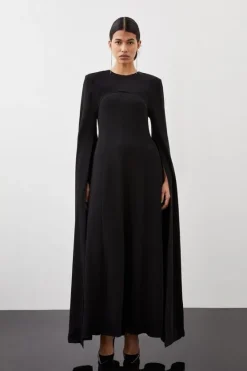 Karen Millen Premium Bonded Viscose Crepe Detachable Cape Woven Maxi Dress black New