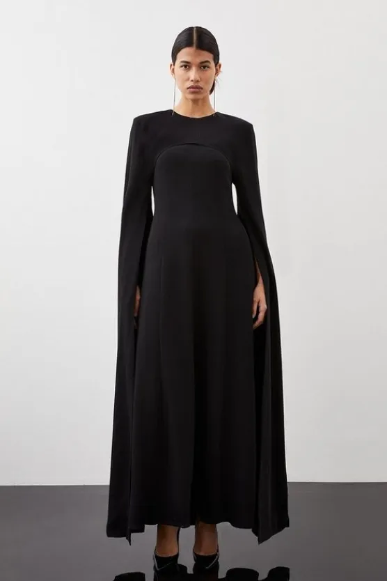 Karen Millen Premium Bonded Viscose Crepe Detachable Cape Woven Maxi Dress black New