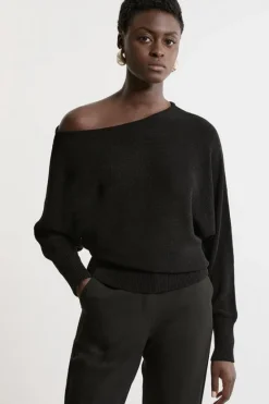 Karen Millen Premium Corded Open Stitch Off The Shoulder Knit Sweater black Discount