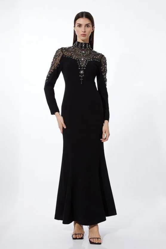 Karen Millen Premium Crystal Embellished Woven Maxi Dress black Hot