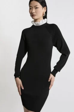 Karen Millen Premium Drape Knit Dress With Removable Woven Frill Collar black Outlet