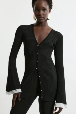 Karen Millen Premium Drape Rib Knit Woven Cuff Tunic black Clearance