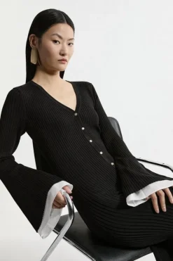 Karen Millen Premium Drape Rib Knit Woven Cuff Maxi Dress black New