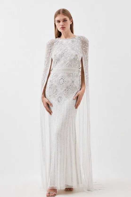 Karen Millen Premium Embellished Caped Woven Maxi Dress silver Best