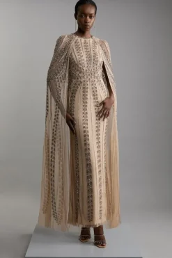 Karen Millen Premium Embellished Cape Maxi Dress nude Clearance