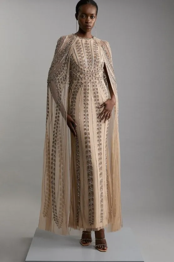 Karen Millen Premium Embellished Cape Maxi Dress nude Clearance