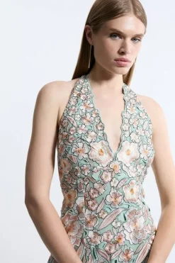 Karen Millen Premium Embroidered Halter Maxi Dress sage Best