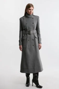 Karen Millen Premium Italian Manteco Wool Blend Belted Funnel Neck Tailored Maxi Coat grey Sale
