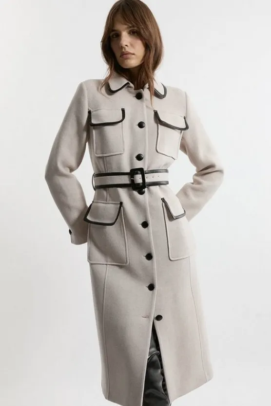 Karen Millen Premium Italian Manteco Wool Pocket Detail Belted Pu Tipped Tailored Midaxi Coat oatmeal New