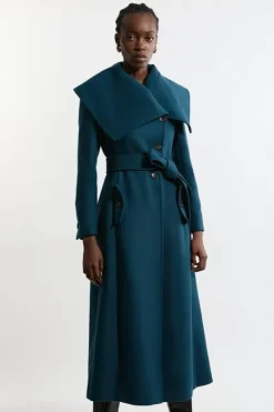 Karen Millen Premium Italian Manteco Wool Cape Full Skirted Belted Maxi Coat teal Online