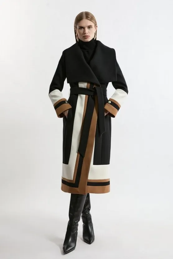 Karen Millen Premium Italian Manteco Wool Color Block Border Detail Tailored Wrap Midi Coat mono Discount