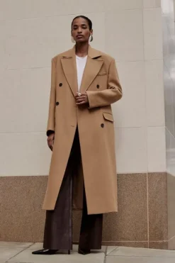Karen Millen Premium Italian Manteco Wool Blend Double Breasted Midi Coat camel Outlet