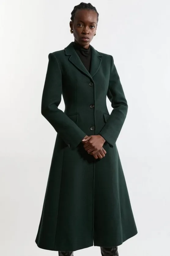 Karen Millen Premium Italian Manteco Wool Full Skirted Tailored Midaxi Coat forest Outlet