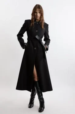 Karen Millen Premium Italian Manteco Wool Pu Trim Belted Tailored Maxi Coat black Sale