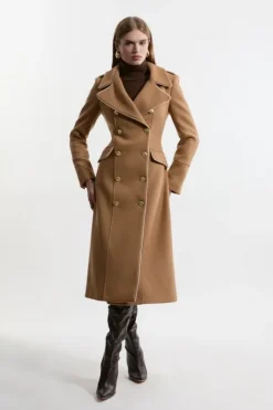 Karen Millen Premium Italian Manteco Wool Double Breasted Tailored Midi Coat camel Sale