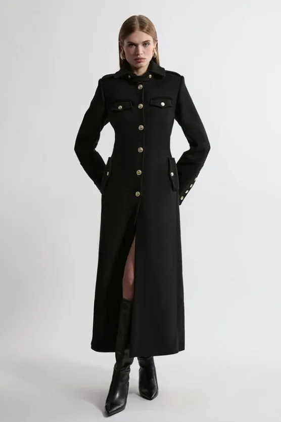 Karen Millen Premium Italian Manteco Wool Military Tailored Maxi Coat black Outlet