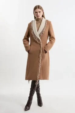 Karen Millen Premium Italian Manteco Wool Blend Fringe Collar Tailored Maxi Coat camel Outlet