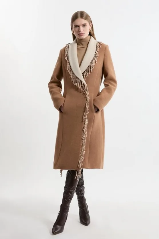 Karen Millen Premium Italian Manteco Wool Blend Fringe Collar Tailored Maxi Coat camel Outlet