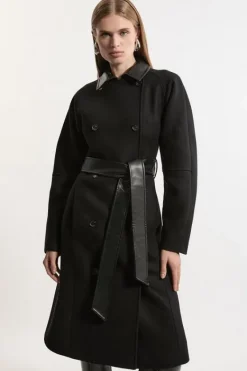 Karen Millen Premium Italian Manteco Wool Rounded Sleeve Belted Tailored Midi Coat black Fashion
