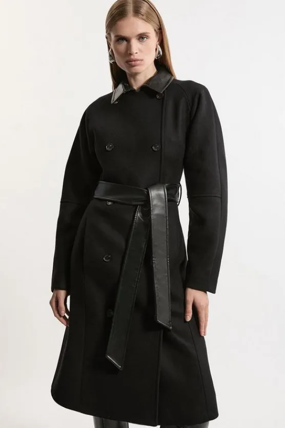 Karen Millen Premium Italian Manteco Wool Rounded Sleeve Belted Tailored Midi Coat black Fashion