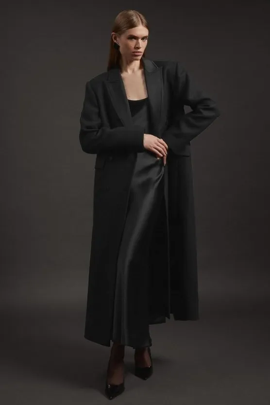 Karen Millen Premium Italian Manteco Wool Satin Collar Double Breasted Tailored Maxi Coat black Best