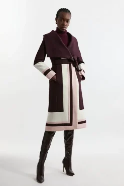 Karen Millen Premium Italian Manteco Wool Color Block Border Detail Tailored Wrap Midi Coat wine Outlet