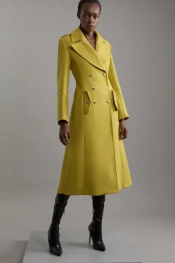 Karen Millen Premium Italian Manteco Wool Military Double Breasted Tailored Midaxi Coat mustard Best