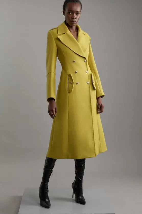 Karen Millen Premium Italian Manteco Wool Military Double Breasted Tailored Midaxi Coat mustard Best