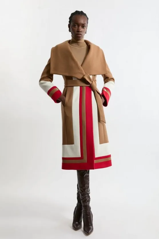 Karen Millen Premium Italian Manteco Wool Color Block Border Detail Tailored Wrap Midi Coat camel Fashion