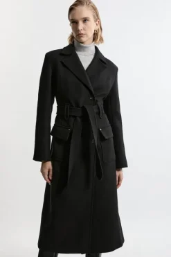 Karen Millen Premium Italian Manteco Wool Belted Tailored Midaxi Coat black New
